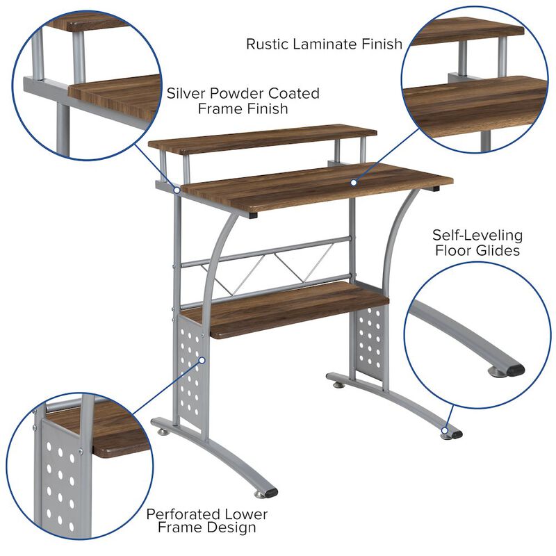 Flash Furniture Rustic Walnut Computer Desk with Top and Lower Storage Shelves image number 2