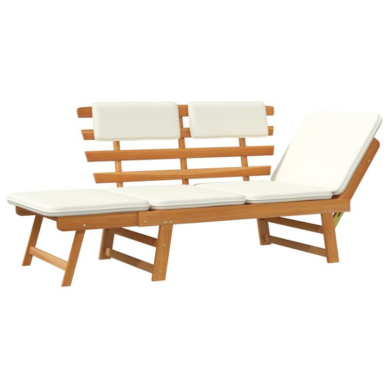 Outdoor Bench, Folding 2 in 1 Style, White Cushions, Brown Acacia Wood - Benzara
