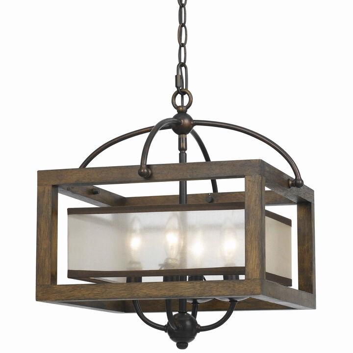 4 Bulb Semi Flush Pendant with Wooden Frame and Organza Striped Shade,Brown - Benzara
