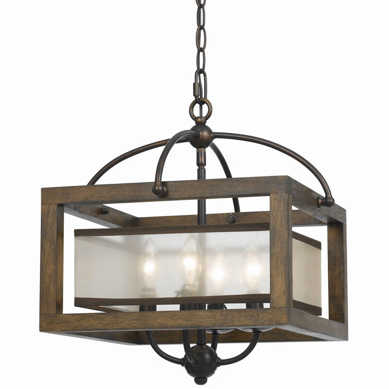 4 Bulb Semi Flush Pendant with Wooden Frame and Organza Striped Shade,Brown - Benzara