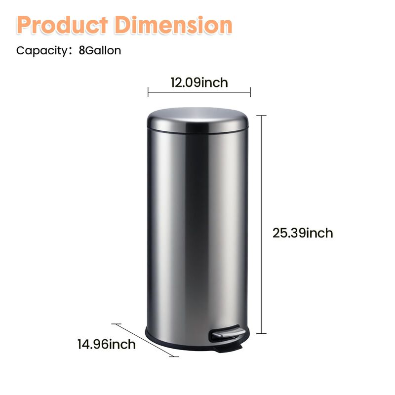 30L / 8 Gallon Round Stainless Steel Trash Can, Step-On Pedal, Soft Close Lid, Removable Inner Bucket, Suitable for Kitchen, Office, Bathroom image number 2