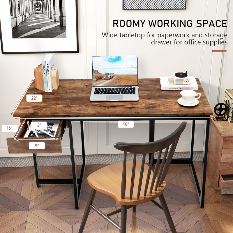 Costway Computer Desk Home Office Gaming Table Workstation Metal Frame with Drawer Natural