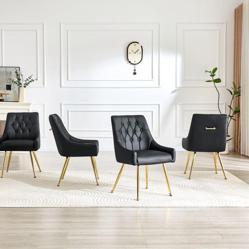 Set of 2 Faux Leather Dining Chairs Diamond Tufted Open Back Side Chairs with Metal Handle Spring and Foam Cushioned Accent Chairs image number 4