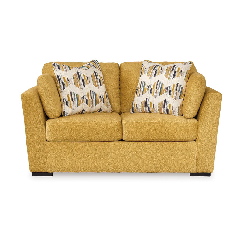Viena Loveseat, 2 Accent Throw Pillows, Yellow Faux Velvet 68 Inch - Benzara
