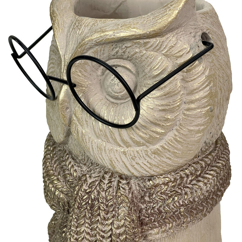 Bespectacled Owl Cement Vase 8.25" Gold Accents Knit Scarf Real Wire Glasses image number 2