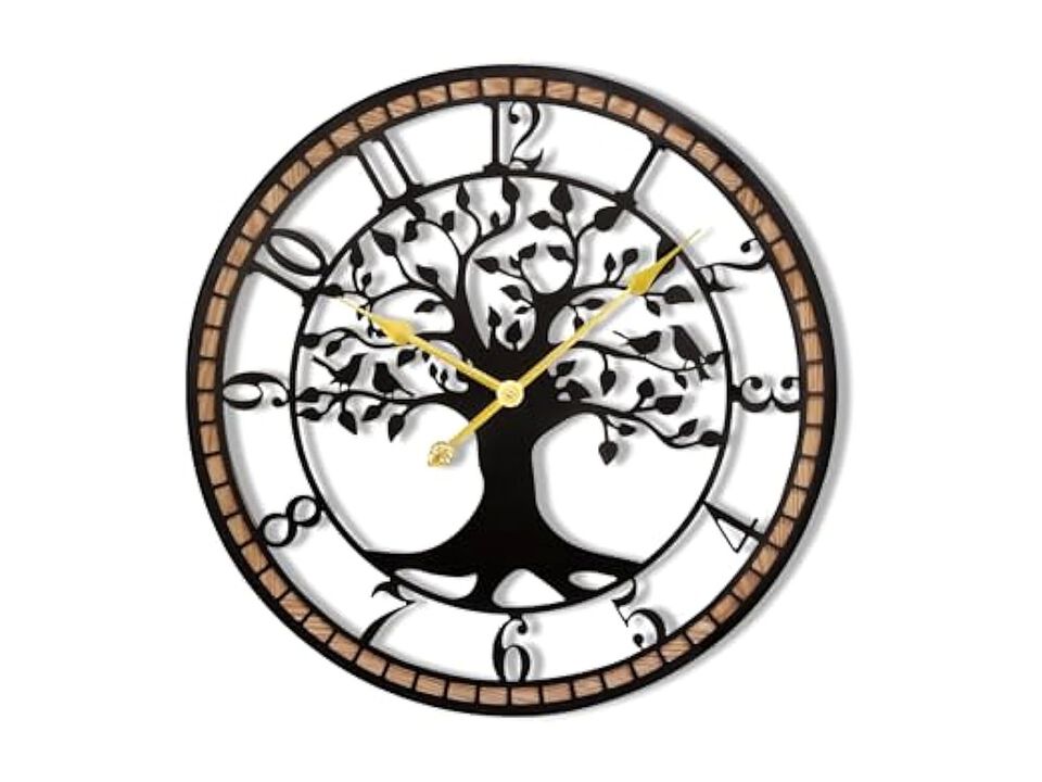 Tree Of Life Metal Wood Bird Farmhouse Wall Clock Silent Non Ticking