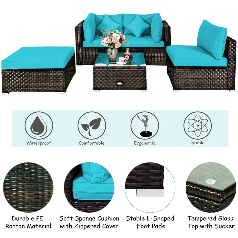 Mondawe 5 Pieces Outdoor Patio Rattan Furniture Set Sectional Conversation with Cushions