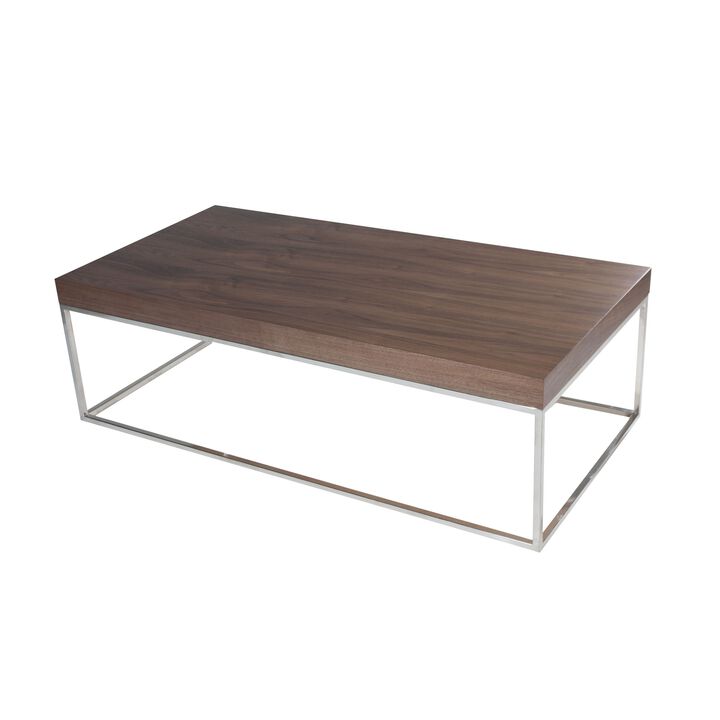 Zen 48 Inch Coffee Table, Rectangular, Chrome Base, Walnut Brown Wood Top