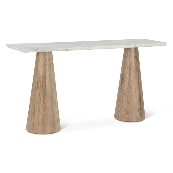 World Interiors Caldera Console Table with White Travertine and Light Oak Base