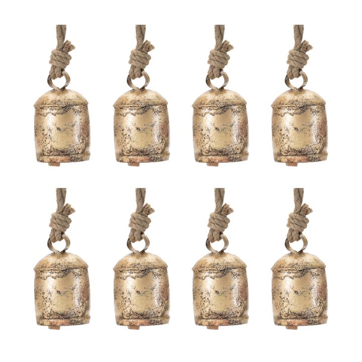 Set of 8 Rustic Metal Bell Ornaments for Seasonal Tree, Mantel, or Entryway Decor