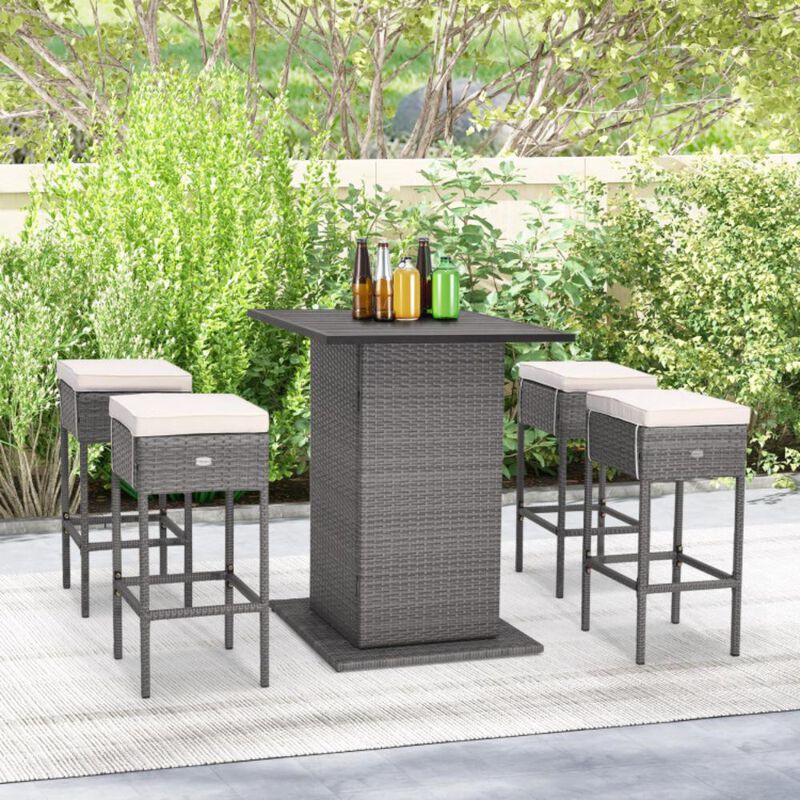 Hivvago 5 Pieces Outdoor Wicker Bar Table Set with Hidden Storage Shelves