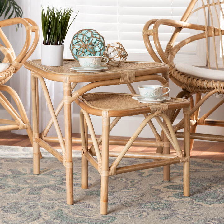 Baxton Studio Jayden Modern Bohemian Natural Brown Finished Rattan 2-Piece End Table Set