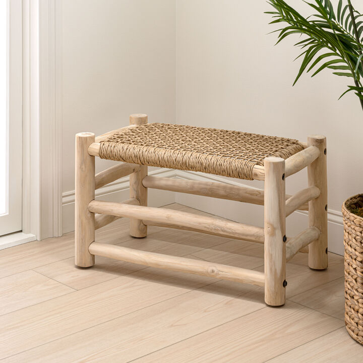 Chuck Coastal Bohemian Handcrafted Indoor/Outdoor Teak Wood Accent Stool with Woven Seat