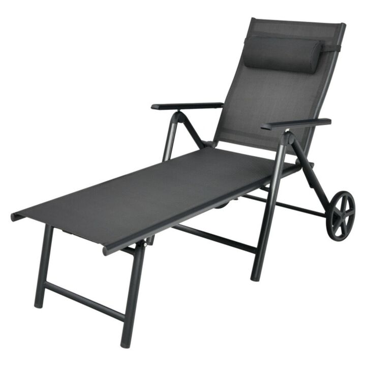 Hivvago Patio Lounge Chair with Wheels Neck Pillow Aluminum Frame Adjustable-Gray