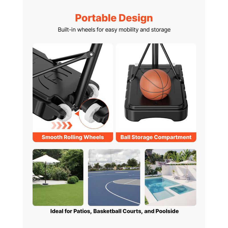 Kids Portable Basketball Hoop with Adjustable Height, Backboard, Nylon Net & Rolling Base-Black image number 5