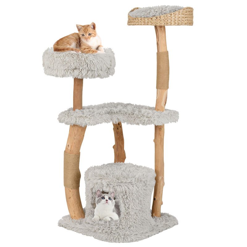 Solid Wood Cat Tree Tower – Elevated Cattail Basket Bed & Multi-Tier Activity Center