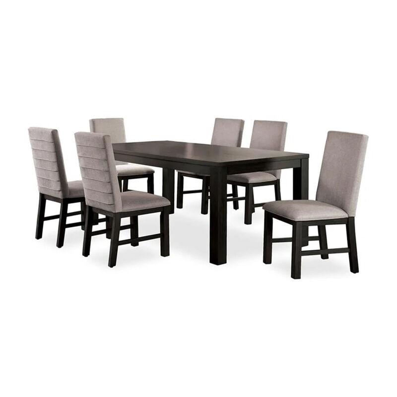 Renu 7pc Dining Table and Chair Set, 72 Inch Top, Gray Linen, Black - Benzara