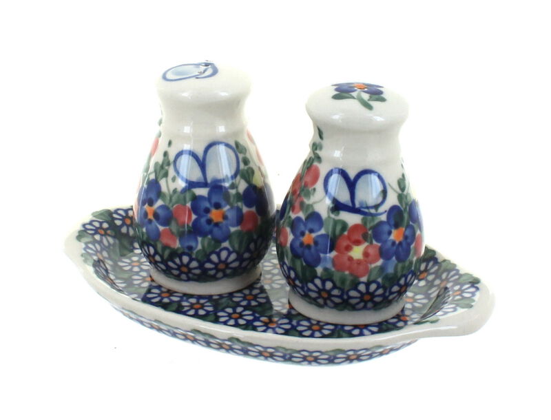 Blue Rose Polish Pottery Garden Butterfly Salt & Pepper Shakers with Tray