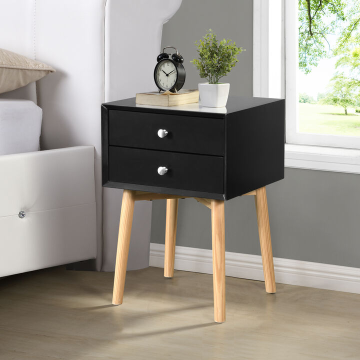 Side Table, Bedside Table with 2 Drawers and Rubber Wood Legs, Mid-Century Modern Storage Cabinet for Bedroom Living Room, Black