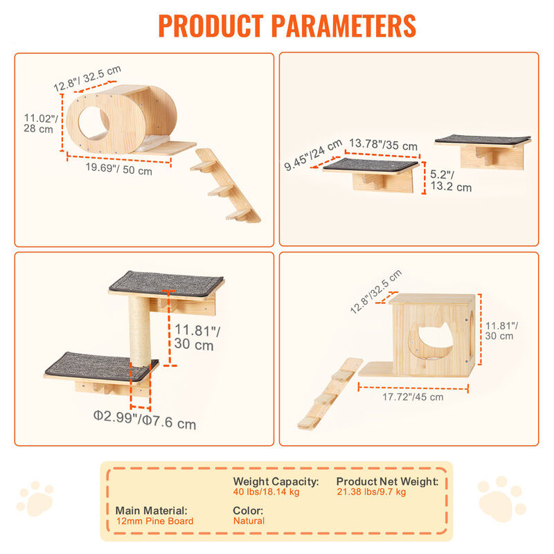 Wall Mounted Cat Shelves Tree with Jumping Boards Nests Hammock Set of 7