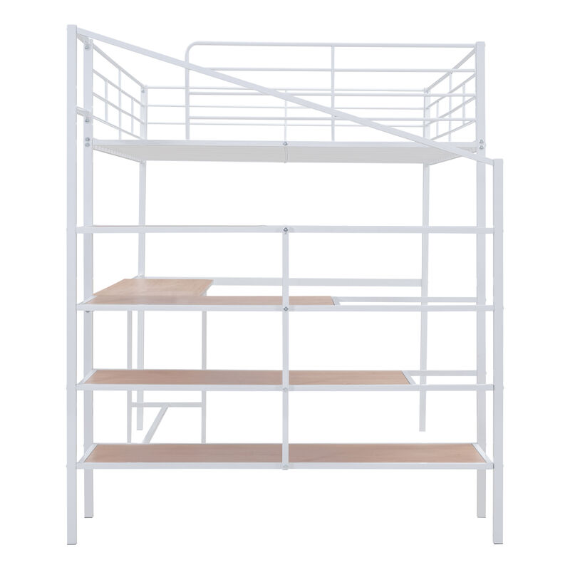 Full Size Metal Loft Bed with Desk and Lateral Storage Ladder, White