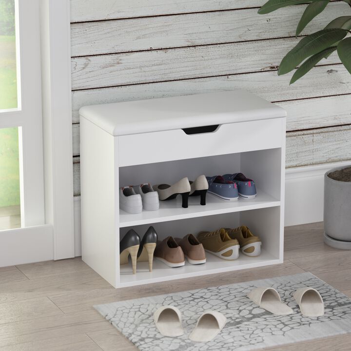 21.2 in. H x 24 in. W 6-Pair Shoes White Wood Shoe Storage Bench with Hidden Storage Compartment