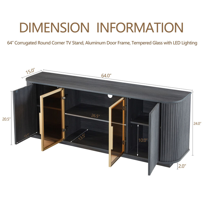 TATEUS Black 64" Wavy TV Stands &ndash; Round Sideboard with Wooden Vertical Stripes & Tempered Glass Doors