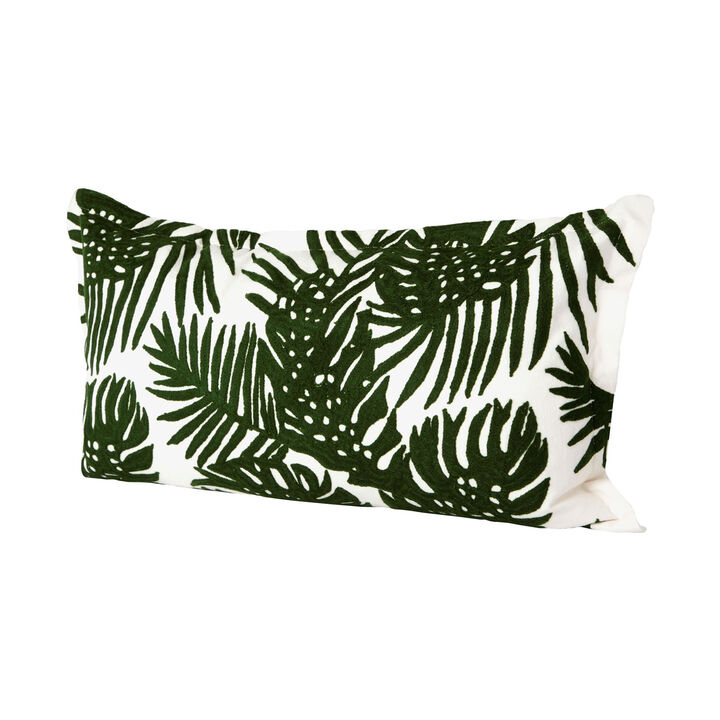 HomeRoots 13" X 21" Green And White Tropical Botanical Linen Throw Pillow Cover with Embroidery