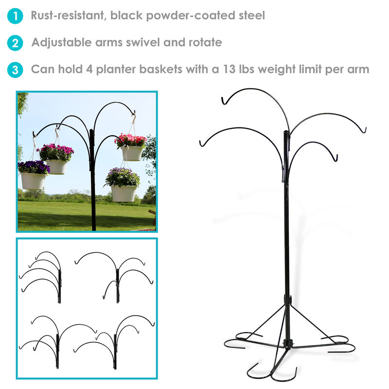 Sunnydaze Black Steel Hanging Basket Stand with 4 Adjustable Arms - 84 in
