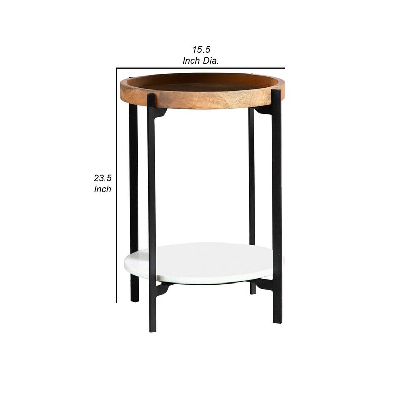 24 Inch Modern End Accent Table, Round Marble Shelf, Wood, White, Brown