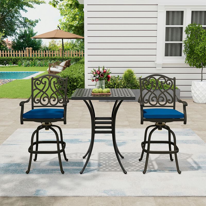 Mondawe3-Piece Patio Bistro Set Cast Aluminum 2 High Bar Swivel Chairs with Cushion and 1 Square Table