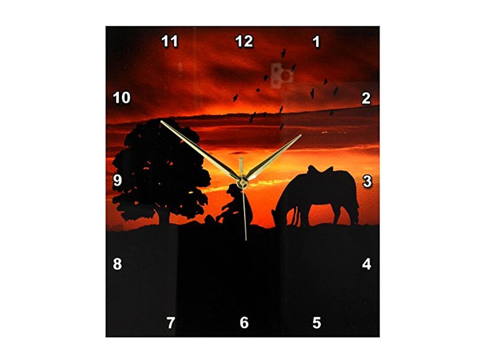 Cowboy Campfire Horse Hill Sunset Has Wall Clock 13 Inch Home Decor
