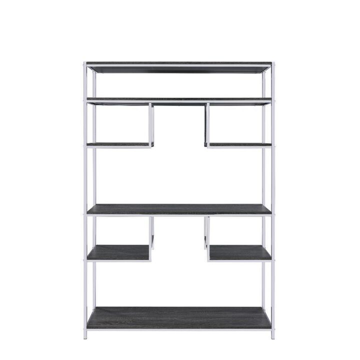 Etagere Bookshelf with 7 Shelves and Geometric Pattern,Silver and Dark Gray-Benzara