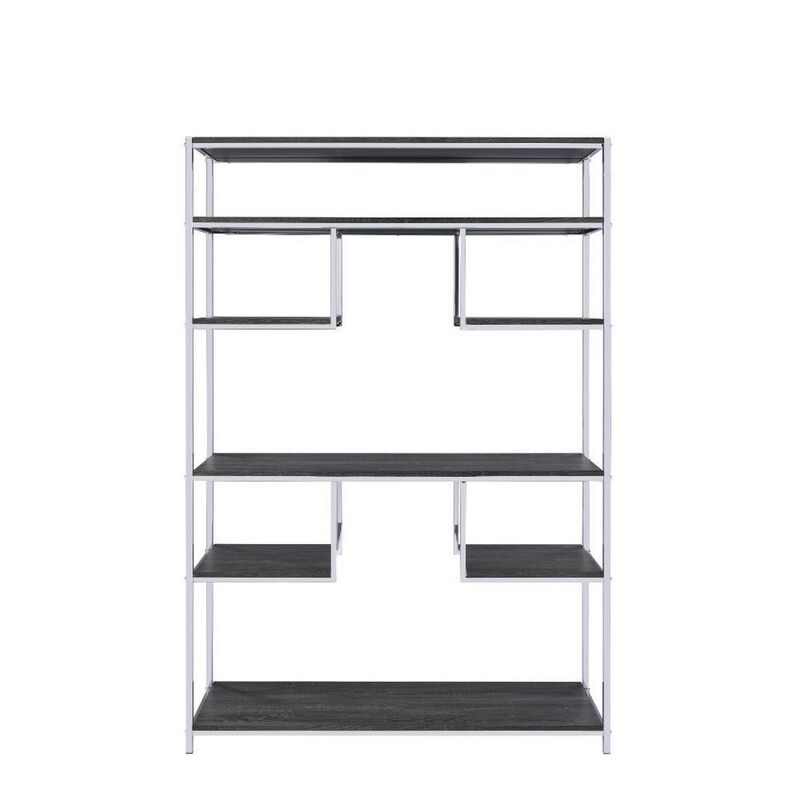 Etagere Bookshelf with 7 Shelves and Geometric Pattern,Silver and Dark Gray