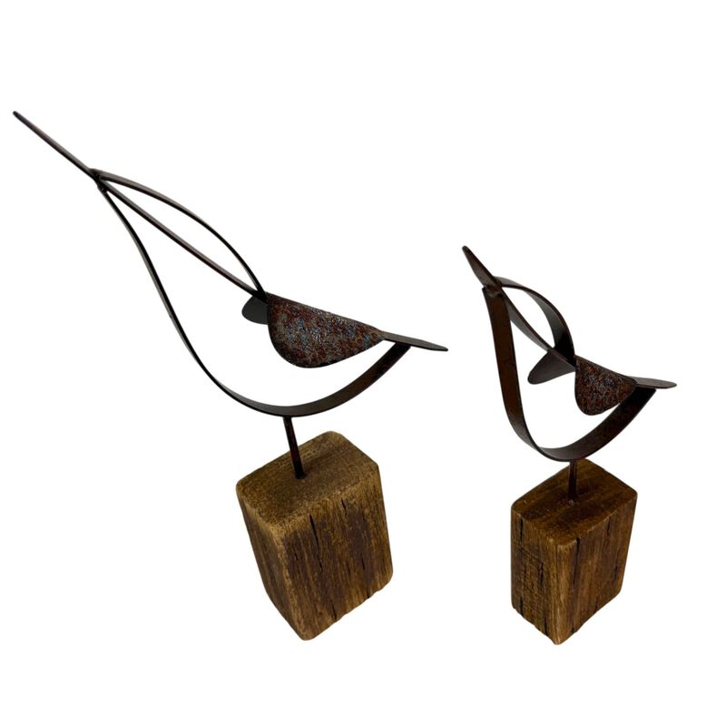 Abstract Bird Statues Set Of 2 Rustic Wood Metal Tabletop Sculptures 1325in image number 4