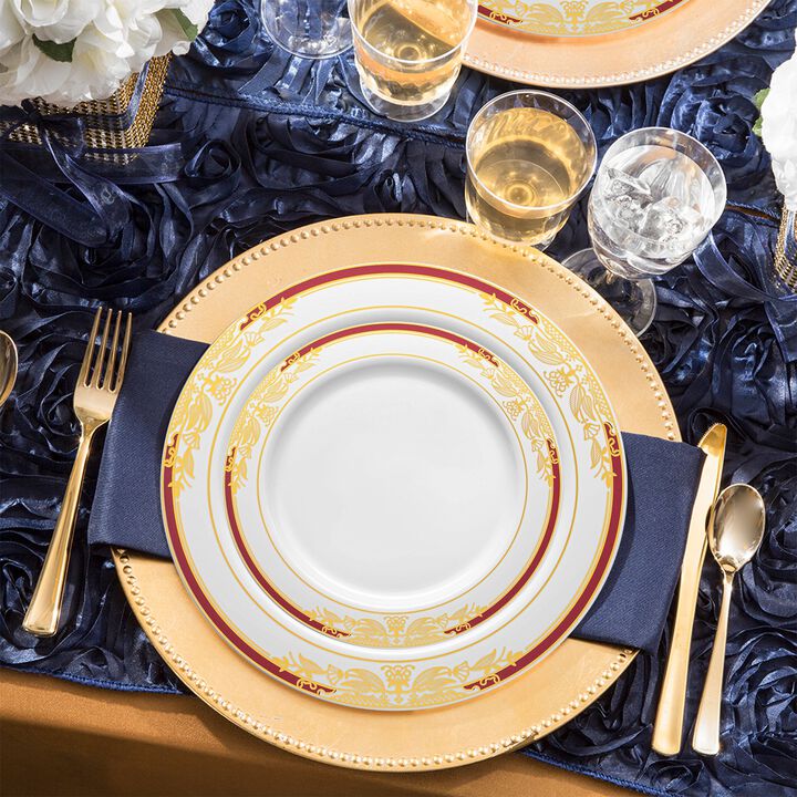 White with Burgundy and Gold Harmony Rim Plastic Wedding Value Set (30 Sets)