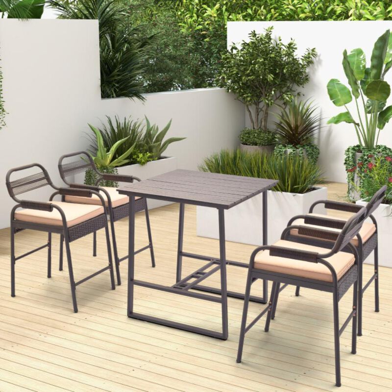 Hivvago 5 Piece Rattan Counter Set with 4 Stools and Polywood Bar Table