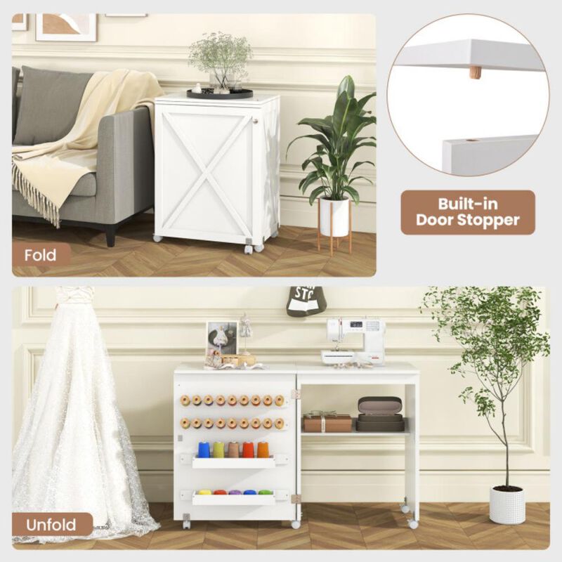 Folding Sewing Table with Storage Shelf and 5 Lockable Wheels for Craft Room Mobility