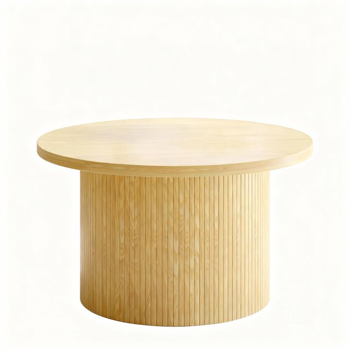 31.5" Round Tambour Coffee Table, Mid-Century Engineered Wood Drum Accent