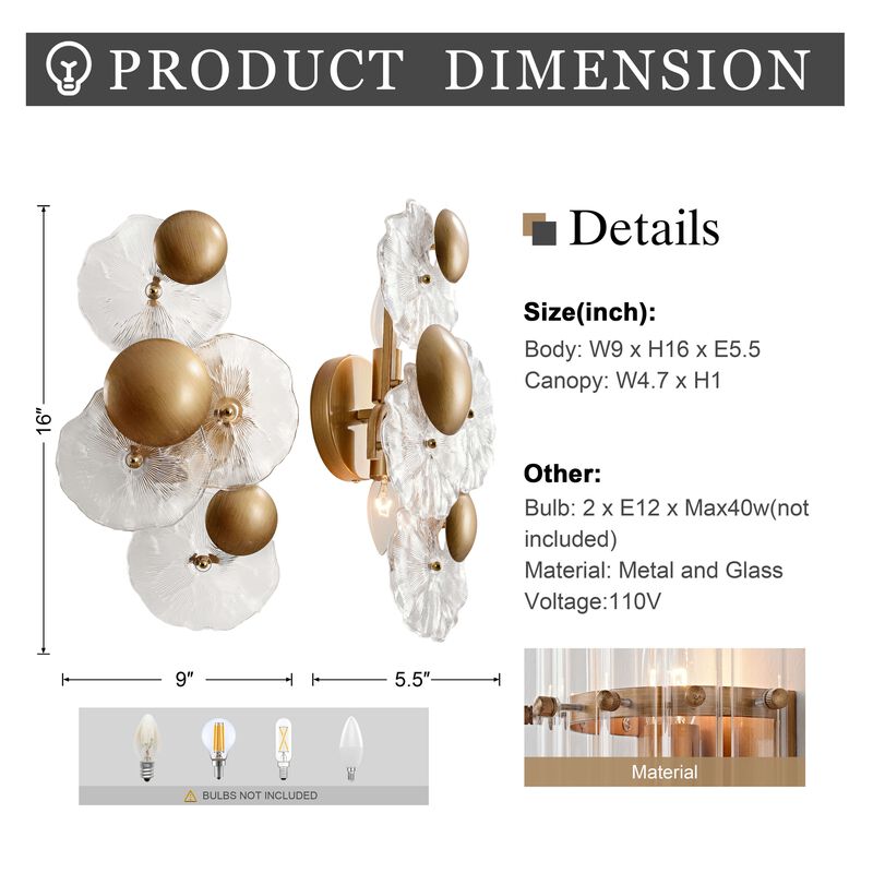 Flora 2-Light Brushed Brass Glass Flower Wall Sconce - 9" W x 16" H x 5.5" D image number 5