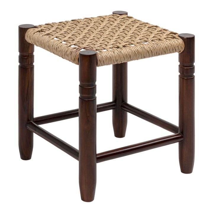 Columnar Casual Bohemian Handcrafted Teak Wood Backless Indoor/Outdoor Stool with Synthetic Woven Rattan Seat