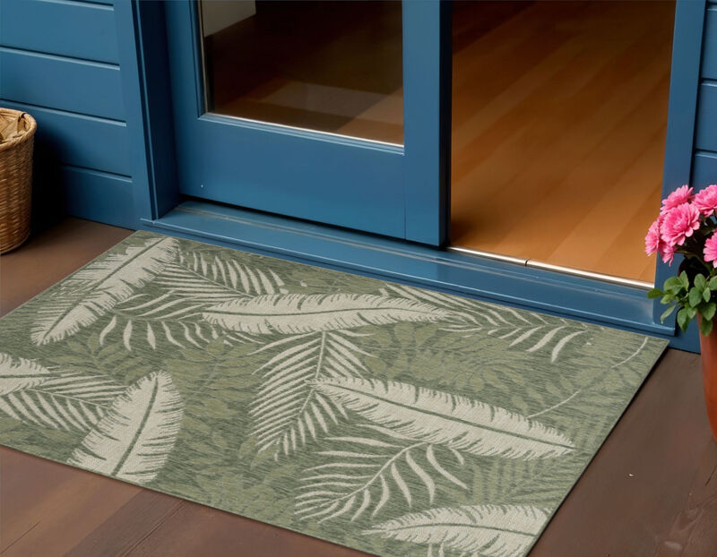 HomeRoots 3' X 5' Green And Ivory Palm Leaf Indoor Outdoor Area Rug image number 1