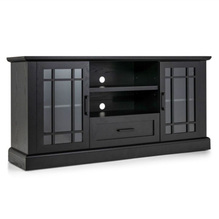 TV Stand with Glass Doors Cubbies and Drawer-Black