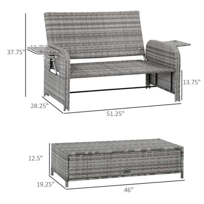 2 PCS Patio Wicker Loveseat Sofa Set Daybed Furniture w/ Storage Ottoman, Beige