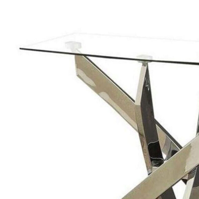 Rectangular Glass Top Sofa Table with Criss Cross Base, Silver and Clear