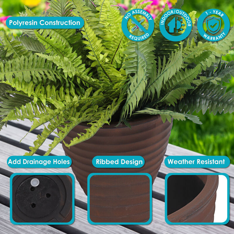 Sunnydaze 13 in Ribbed Polyresin Outdoor Planter - Rust - Set of 4