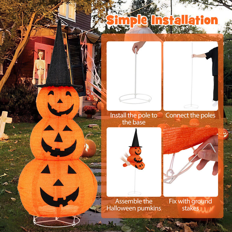 Lighted Stacked Pumpkins Halloween Decoration with Witch Hat image number 8
