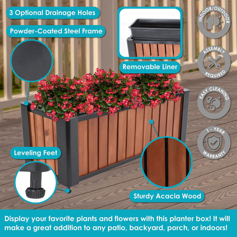 Sunnydaze Acacia Wood Slatted Planter Box with Removable Insert