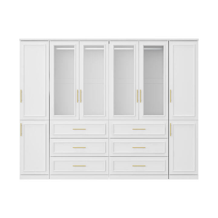 FUFU&GAGA Armoire with Glass Doors, 6 Drawers, Hanging Area, Anti-Tip Design – Large Capacity Storage Solution, Elegant Gold Handles, Perfect for Bedroom or Living Room, (94.8" L x 19.3" W x 74.8" H),White