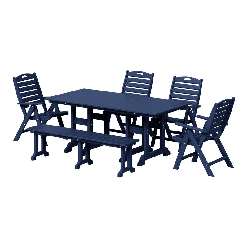 WestinTrends 6-Piece HDPE Rectangular Patio Dining Table Set with Foldable Chairs and Patio Bench